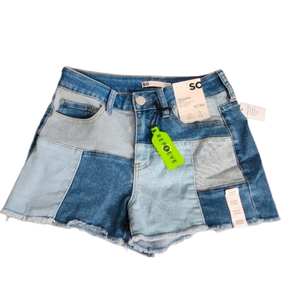 SO Juniors High Rise Patchwork Denim Shortie Shorts Size 9 29 NWT